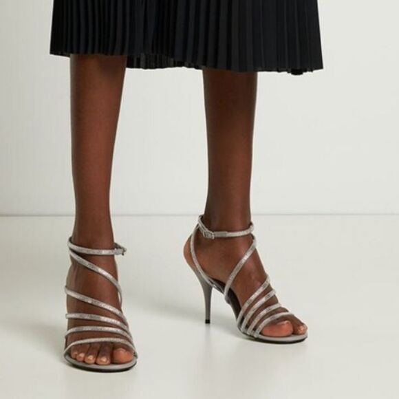 BRAND NEW EXPRESS METALLIC STRAPPY HIGH HEEL OPEN TOE SANDAL - Picture 1 of 13